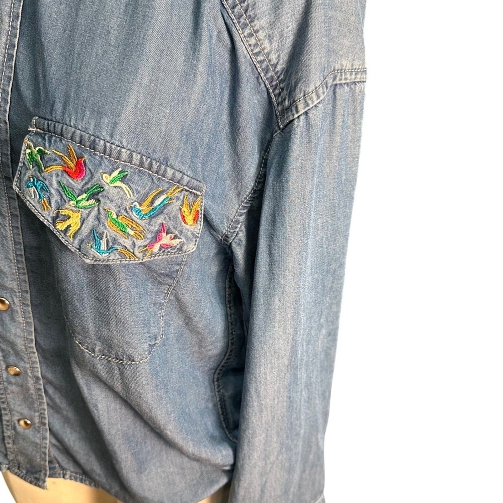 The Kooples Jeans Shirt Women S Blue Embroidered Bird Lyocell Snap Front Western - Picture 3 of 15